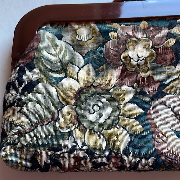 VTG Cottagecore Clutch Woven Jacquard Tapestry Purse Floral Mauve Bag Kiss 90s - Picture 7 of 14